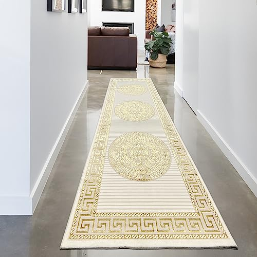 Teppich-Traum Alfombra salón Dormitorio Pasillo Largo Pelo Corto Oriental Elegante Adornos Efecto Brillo meandro Crema Oro 100 x 300 cm