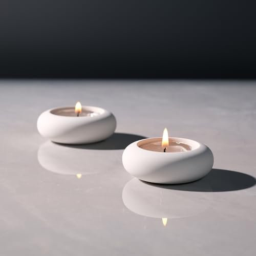 ICNBUYS Set di 2 portacandele decorativi fatti a mano, con ciottoli, fatti a mano, decorazione per la casa, per calmare l'estetica terrosa, colore bianco, diametro 6,6 cm