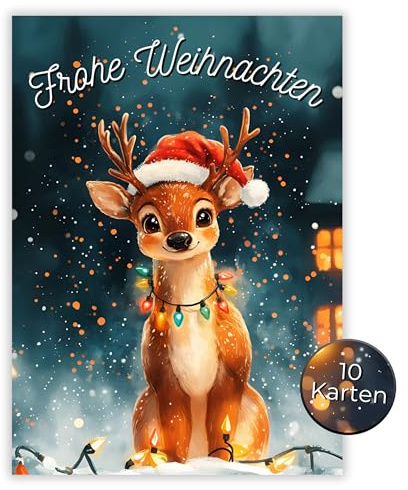 HIDEBLOOM Weihnachtskarten Set Rentier- 10 Stück - DIN A6 (10,5 cm x 14,8 cm) - Weihnachtspostkarten ohne Umschlag - Postkarten Weihnachten - Weihnachtskarte Rentier