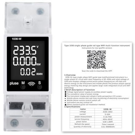 DEWIN Medidor de Consumo Electrico WiFi,AC85-265V 63A Contador Electrico Medidor Consumo Electrico,Puede Medir Tensión, Corriente, Potencia, Grado, Factor De Potencia, Frecuencia, Etc.