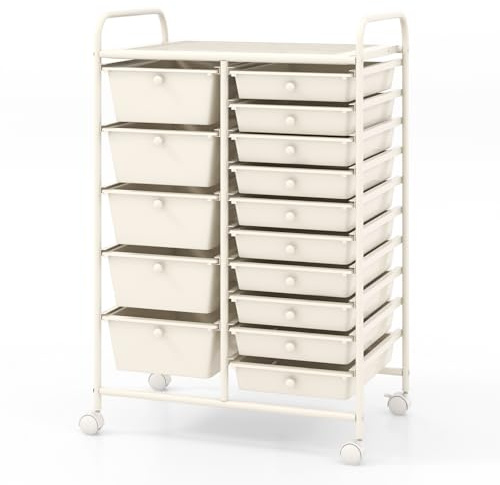 COSTWAY 15 Drawers Storage Trolley, Home Office Stationary Rolling Cart with 4 Wheels, Multipurpose Mobile Organiser Shelving Unit for Makeup Beauty (63 x 37 x 87cm, Cream White)