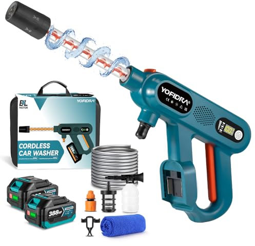 YOFIDRA 18 V sladdlös högtryckstvätt 200 bar, bärbar 5-i-1 multimunstycke 2 x 3,0 Ah batterier laddare bil/fönster/gräsmatta/trädgård/pool