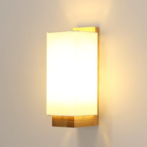 Toolight Wandleuchte Holz Innen, E27 Wandlampe innen mit Stoffbezug Lampenschirm,Moderne Holz Wandbeleuchtung Boho für Wohnzimmer Schlafzimmer Flur, Rechteck(Ohne Glühbirne)