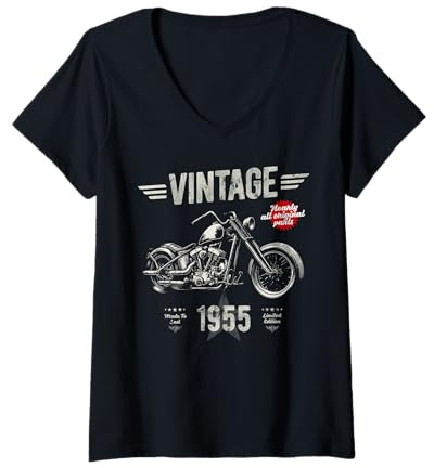 Womens Vintage Classic Born 1955 70th Birthday Retro Motorbike V-Neck T-Shirt