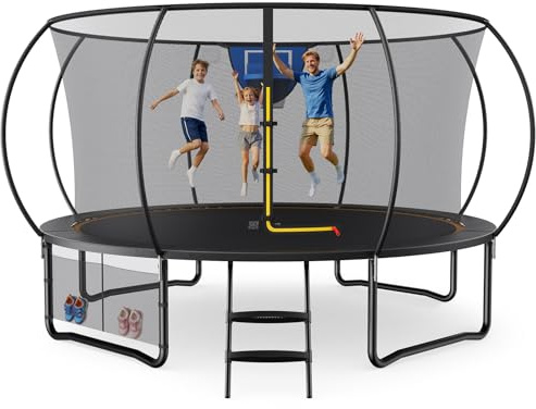MERACH Trampoline 10ft/12ft/14ft/16ft, Outdoor Large Trampolines with Safety Net & Basket Ball, Max Load 330lb Rebounder Trampoline for Adults Family