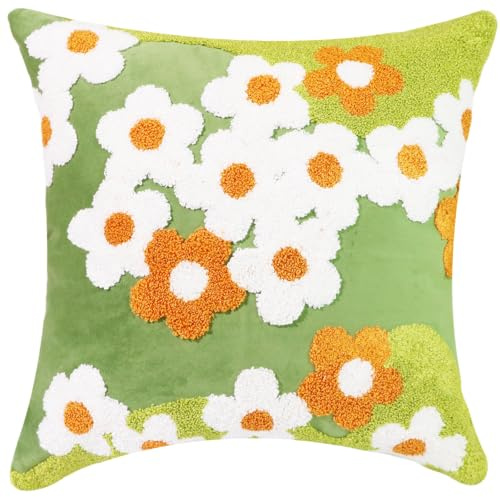 ToRhine Flower Embroidered Pillow Cover Floral Jacquard Super Thick Throw Pillowcase for Cushion Sofa Home Decor (Green, 18x18in Pillow Cover)