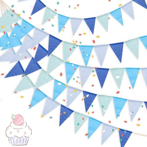 4 Stück Wimpelkette Outdoor, 16M Wetterfest Leinenimitat Wimpel Vintage Bunt Flaggen Girlande mit 48 Wimpelkette für Halloween Hochzeit Geburtstag Party Garten Kinderzimmer Indoor Dekoration (Blau)
