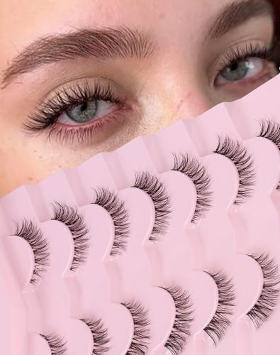 Jiocolor Cat Eye Lashes Wispy Fake Lashes C Curl Strip Lashes Natural Look Short Eyelashes Clear Band False Eyelashes 7 Pairs Pack ZT20