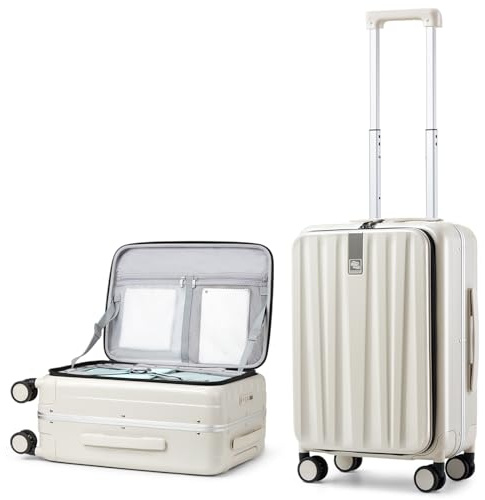 Hanke Handgepäck Koffer PC Hartschalenkoffer mit 360° Spinner Rädern Frontöffnung Reisekoffer Aluminium Koffer mit TSA-Lock 49x35,1x23,5 cm (40L), Elfenbein