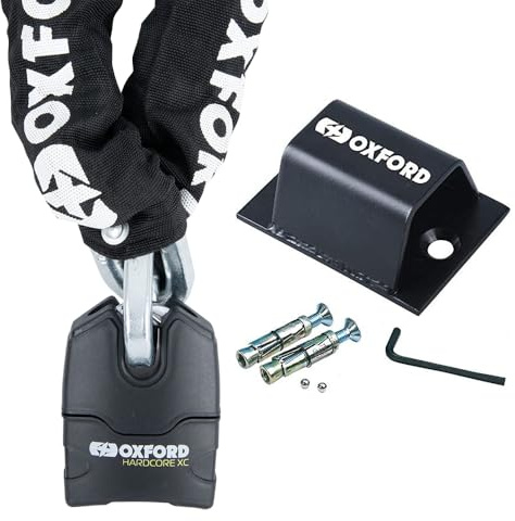 Oxford Hardcore XC13 Motorcycles Chain Lock 1.5m with Oxford BruteForce Ground & Wall Anchor - Heavy Duty Anti Theft Motorbike Protection Security Lock