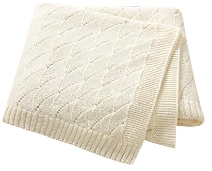 mimixiong Cotton Knit Baby Blanket Soft Crochet Cellular Blanket Baby Gifts for Newborn Boys Girls,100 x 80 cm (Cream)