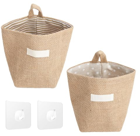Cesta colgante pequeña con 2 piezas autoadhesivas, cesta de almacenamiento pequeña, cesta pequeñas, cestas colgantes, cestas pequeñas, cesta para colgar, se puede utilizar en baños, cocinas y