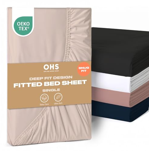 Brentfords Fitted Sheet Single Bed, Easy Care Soft Microfibre Fabric Deep Pocket 12 Inch (30) Shrinkage and Fade Resistant Plain Bedding Bottom Sheet, Stone - 91 x 190cm