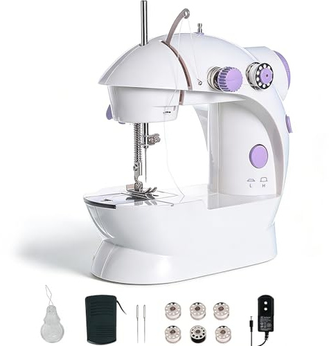 YUMILI Máquina de coser doméstica 202A, mini máquina de coser de doble hilo con 2 velocidades y pedal de pie, UE 220 V (morado)
