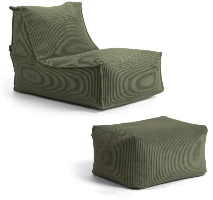 mokebo Sitzsack mit Hocker aus Cord 'Der Gelassene' Made in Germany, Bean Bag, Relaxliege, Bodenkissen mit EPS-Perlen Füllung, kuschelige und gemütliche Liege für Wohnzimmer und Wintergarten in Grün