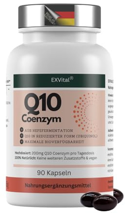 EXVital® Q10 Coenzym Ubiquinol– 200mg pro Kapsel – 90 vegane Kapseln – reicht für 3 Monate – hochdosiert & ohne Zusätze, in Deutschland produziert & laborgeprüft