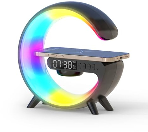 Smiling Shark Lampes de Réveil, Intelligente Ambiance Lumière avec Charge Sans Fil et Haut-Parleur Bluetooth Simulateur D'aube Bouton Contrôle 10 Mode Lumière Lampe de Reveil pour Chambre Salon