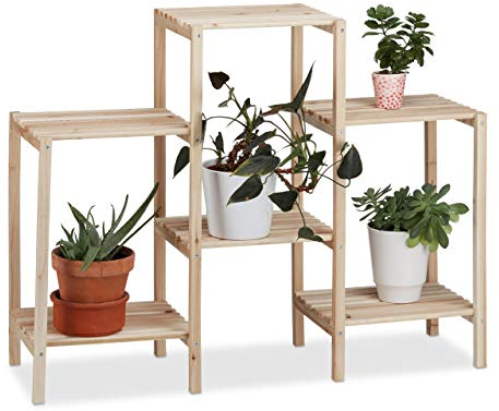 Relaxdays Pflanzenregal Holz, für Innen, stabil, rustikal, rostfrei, massiv, Blumenregal, HxBxT: 70 x 89 x 27 cm, natur