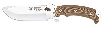 Cudeman Cuchillo 155-X Entresierras hoja de acero inoxidable ACX-380 de 16 cm empuñadura de micarta marrón de 11 cm para caza, pesca, supervivencia y bushcraft + Portabotellas regalo