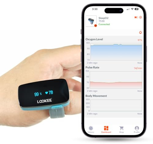 LOOKEE O2 Monitor | Sauerstoff- und Herzfrequenz-Tracker | Vibrationsbenachrichtigung für niedrigen O2-Level | Kostenlose mobile App für Schlafeinblicke | Nur für Fitness, Sport oder Luftfahrt