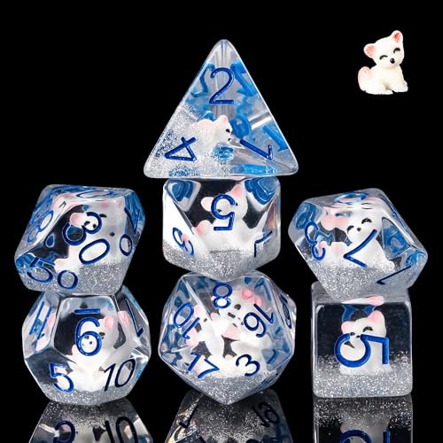 Cusdie Set med 7 tärningar, D&D-tärningar, set med polyedriska tärningar fyllda med djur, för rollspel, spelet Dungeons & Dragons, MTG Pathfinder (vit räv)