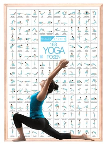 CLEAN SPORTS Yoga Poster DIN A2 mit 168 Asanas und Hatha Posen • Praktisches Asanas Plakat für Übungen Zuhause oder im Studio • Geschenkidee für Anfänger & Profis • Stilvolle Wanddeko