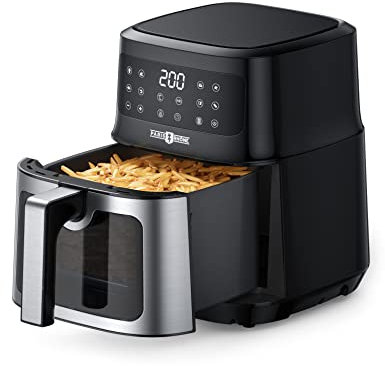 PARIS RHÔNE Heißluftfritteuse 5L XL mit Sichtfenster, 8-in-1 airfryer spülmaschinenfest mit One-Touch-Bedienung, antihaftbeschichteter Korb & abnehmbares Tablett