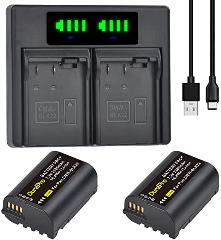 DuraPro 2 baterías DWM-BLK22 de 2280 mAh + cargador USB dual LED con puerto tipo C para cámaras Panasonic DMW-BTC15 Lumix DC-GH5 II DC-GH6 DC-S5 G9 GH5 GH5S
