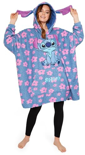 Disney Sudaderas Mujer, Stitch Batamanta de Forro Polar Mujer, Poncho Sudadera Manta Oversize con Capucha (Azul/Rosa Stitch)
