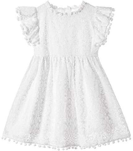 Beganly Mädchen Elegante Prinzessin Spitzenkleid Kleinkind Vintage Pom Pom Flatterärmel Party Kleider Weiß 100 (White)
