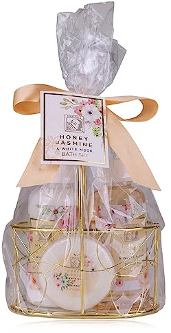 Accentra Set doccia da donna Honey JASMINE in un bellissimo cesto metallico – Set di 3 pezzi con gel doccia, lozione per il corpo e sapone – Set regalo per compleanno, San Valentino