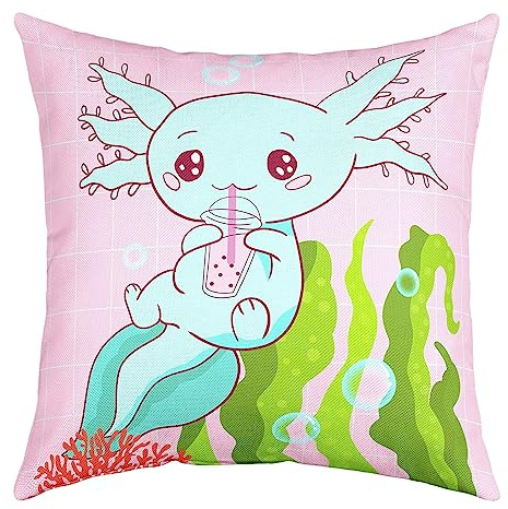 Axolotl - Set di 1 federa per cuscino per bambini, motivo: salamandra verde, per bambini, motivo cartone animato, federa decorativa per divano, motivo: salamandra