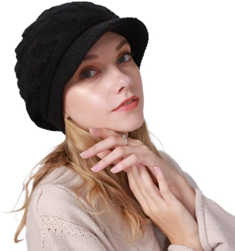 DURINM Warme Winter mütze Fleece Mütze Schirm Visor Wintermütze Damen Warme Gefütterte Wintermützegestrickte Schirmmütze Baseballmütze mit Weiches Dickes Fleecefutter (schwarz)