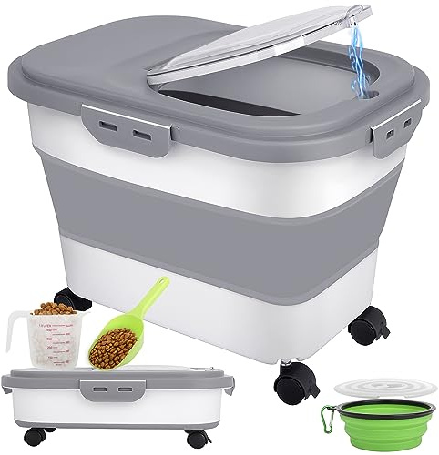 Wuciray Contenedor Pienso Perro Gato Plegable Cubo Caja Almacenamiento Comida con Pala y Taza Medidora (Gris-2)