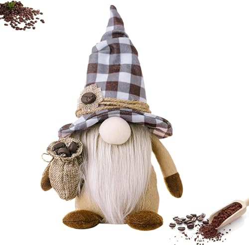 Super Idee Stehende Niedliche Kaffee Wichtel Kaffeezwerg mit Kaffeebohnen Schwedisch Tomte GNOME Figuren Geburtstag Geschenk für Arbeit Büro Kollegen Männer Frauen (3D Gingham Hut)