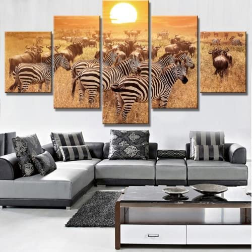 Leinwand Bilder Tier Zebra Sonnenuntergang Mit Rahmen 200 X 100 Cm Leinwandbild, Auf Leinwand Gedrucktes Kunstwerk 5-Teilig, Foto Auf Leinwand Für Wanddekoration Design Wohnzimmer Wohnkultur