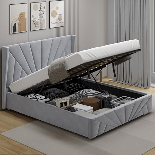 Ottoman Storage Bed, Velvet Double Bed Frame, Upholstered Gas Lift Up Bed Frame with Storage, Ottoman Bed with Wooden Slats, (4ft6 Grey Double Bed Frame 135 x 190, No Mattress)