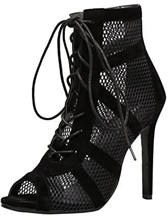 Heels Dance Class Bootie Sandalen, Schwarz Mesh Stiletto Schnüren Sandalen mit Fischmaul Tanzschuhe Mode Sandaletten Pole Dance Schuhe 5