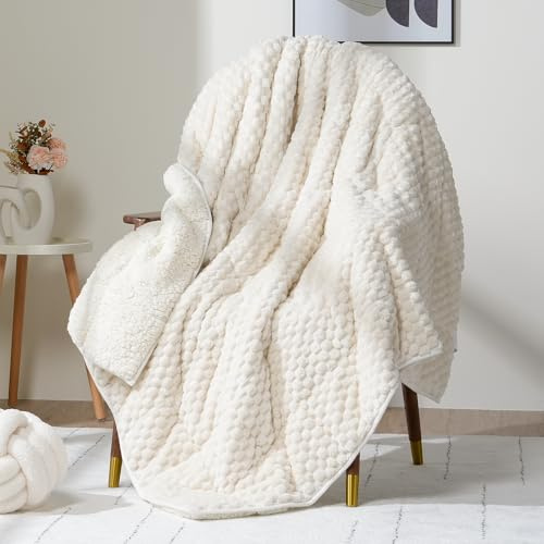 Wemore Fleece Weighted Blanket for Adults (60 x 80 15lbs, Cream White), Dual Sided Cozy Soft Sherpa Heavy Blanket with 3D Imitation Turtle Shell Warm Jacquard Flannel for Couch and Bed