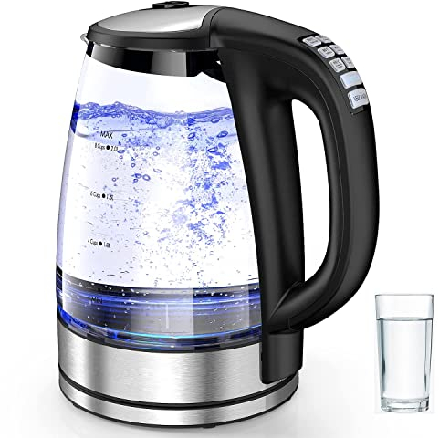 Bollitore elettrico, Bollitore elettrico in vetro con controllo della temperatura variabile, Bollitore per acqua da 1,7 litri Mantieni in caldo 12 ore, Spegnimento automatico Protezione contro l