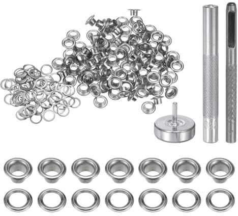 QUARKZMAN Kit de Herramientas de 100 Piezas de Ojales de Cobre de 4 mm con Punzón Hueco, Herramientas de Instalación de Ojales para Ropa, Cuero, Tela, Cinturones, Tono Plateado