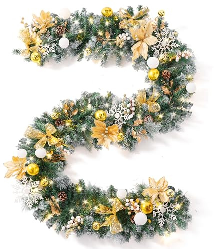 JOIEDOMI Beleuchtete 9 Fuß Lange Weihnachtsgirlande mit 75 LED-Lichtern, batteriebetriebene beleuchtete Girlande mit Timer und Ornamenten, künstliche Weihnachtsdekoration für drinnen und draußen