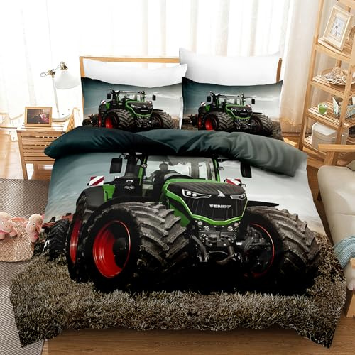 MVRFN Biancheria da letto per bambini, con motivo stampato 3D, 135 x 200 cm, federa con chiusura lampo, 80 x 80 cm, trattori, biancheria da letto reversibile, con chiusura lampo, in morbida microfibra
