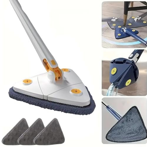 Dreieckiger Bodenwischer Angel Mop, Triangle mop, 360° drehbarer Verstellbarer Reinigungsmopp, Wischmopp mit Auswringfunktion für Hartholz, Fenster, Boden, Wand, Fliesen (Weiß (+3 Tücher))