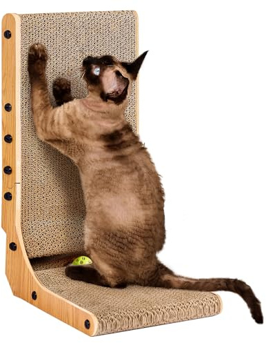 EHEYCIGA L Shape Vertical Cat Scratcher with Ball Toy, 48cm High, Brown | Stand Up Cardboard Cat Scratcher, Scratching Board for Indoor Cats, Protecting Furniture Scratch Pad