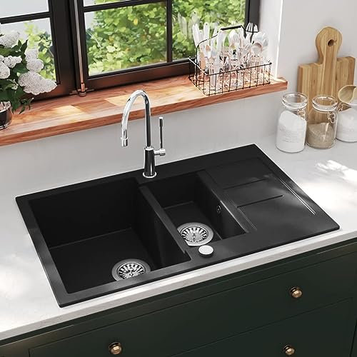 Sanitär-, Sanitärarmaturen, Spülen, Küchen- und Nutzspülen, Granit-Küchenspüle, Doppelwaschbecken, Schwarz