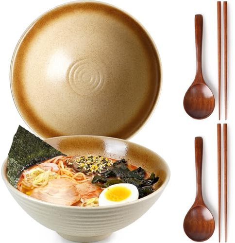 NUTRIUPS 2 x 1200ml Ramenschüssel aus Keramik mit Essstäbchen und Löffeln, 20cm Bowl Schüssel Suppenschüssel Groß，Weizengold