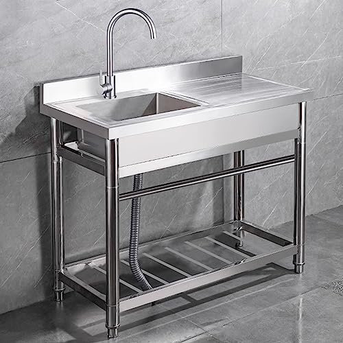 Garage Sink Outdoor Free Standing Sink, Kitchen Sink with Knife Holders, Utility Single Bowl Stainless Steel Sink for Commercial Kitchen Garage Laundry Room