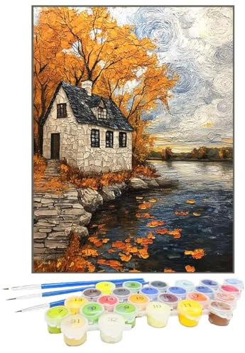 Malen Nach Zahlen Erwachsene HüTte, Paint by Numbers Herbst DIY mit Pinseln und Acrylfarben Handgemalt öLgemäLde Leinwand für Kreative Heimdekoration Geschenke für Frauen, Ohne Rahmen 50 x 70 cm 0U-0