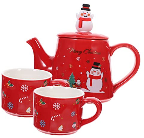 Cabilock Set Da Tè Portatile Teiera in Ceramica Rossa, Bollitore Piccolo Cartoon Natalizio, Tazza Da Tè Pratica Salvaspazio, Stoviglie Per Casa e Ufficio, Confezione Regalo Natale 3 Pezzi